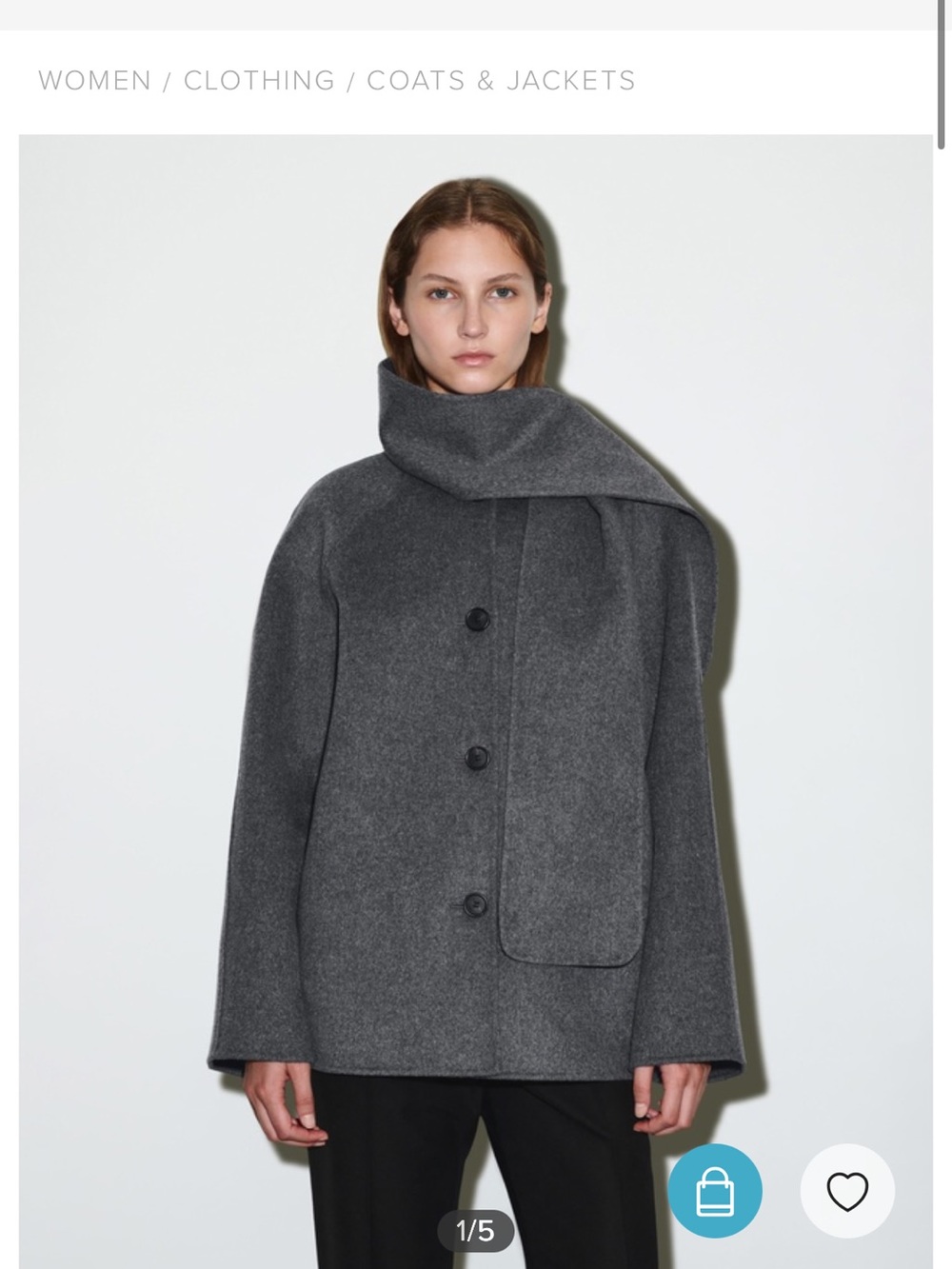 COS Double-Faced Wool Scarf Jacket Wool-Blend Gray Short Coat with Scarf